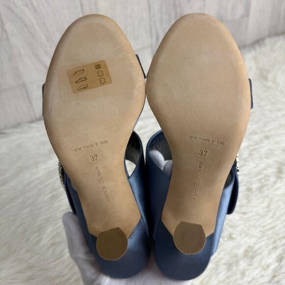Manolo Blahnik Blue Satin Fibiona Mules Heels Swarovski Rhinestone Sandals - Picture 5 of 6